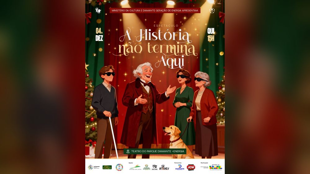 Cartaz do espetáculo A História Não Termina Aqui no Teatro do Parque Diamante +Energia